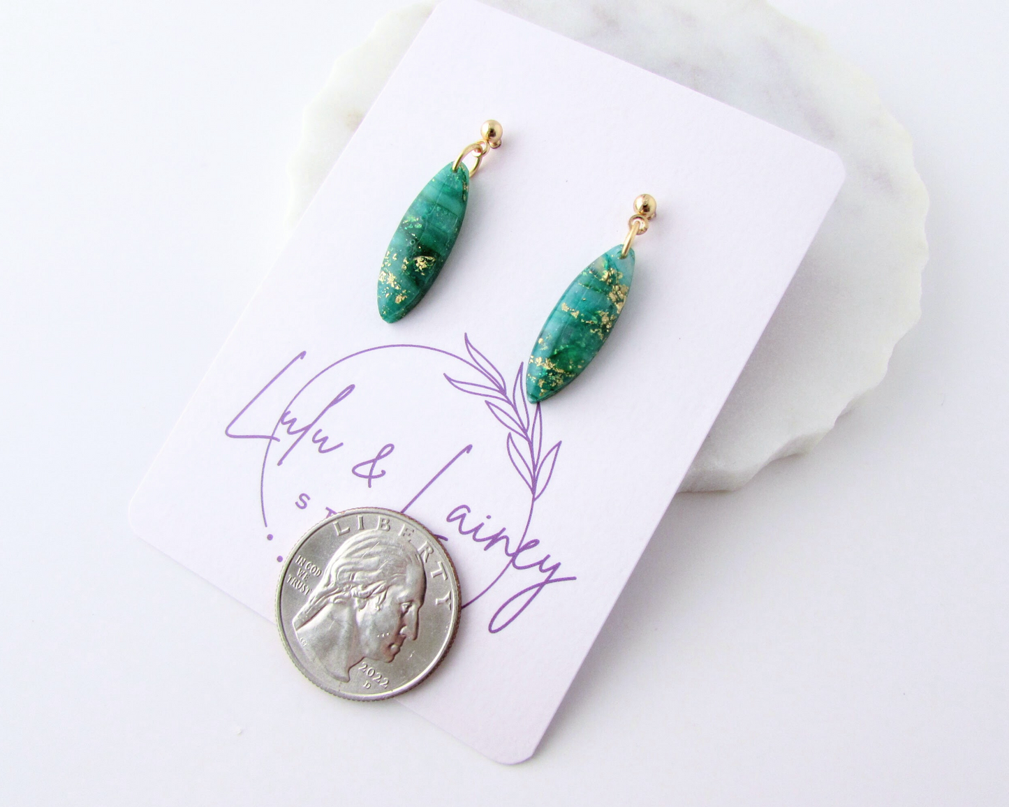 Tiny Dangles - Emerald Green Quartz Swirl Polymer Clay Earrings