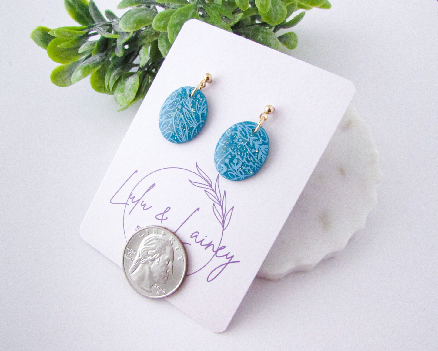 Little Floral Print Ovals - Aqua Blue Shimmer Polymer Clay Earrings