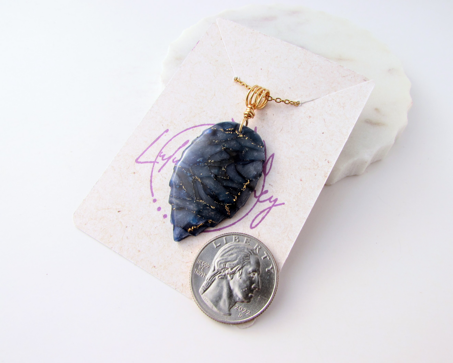 Leaf Pendant - Dark Blue Quartz Clay Necklace