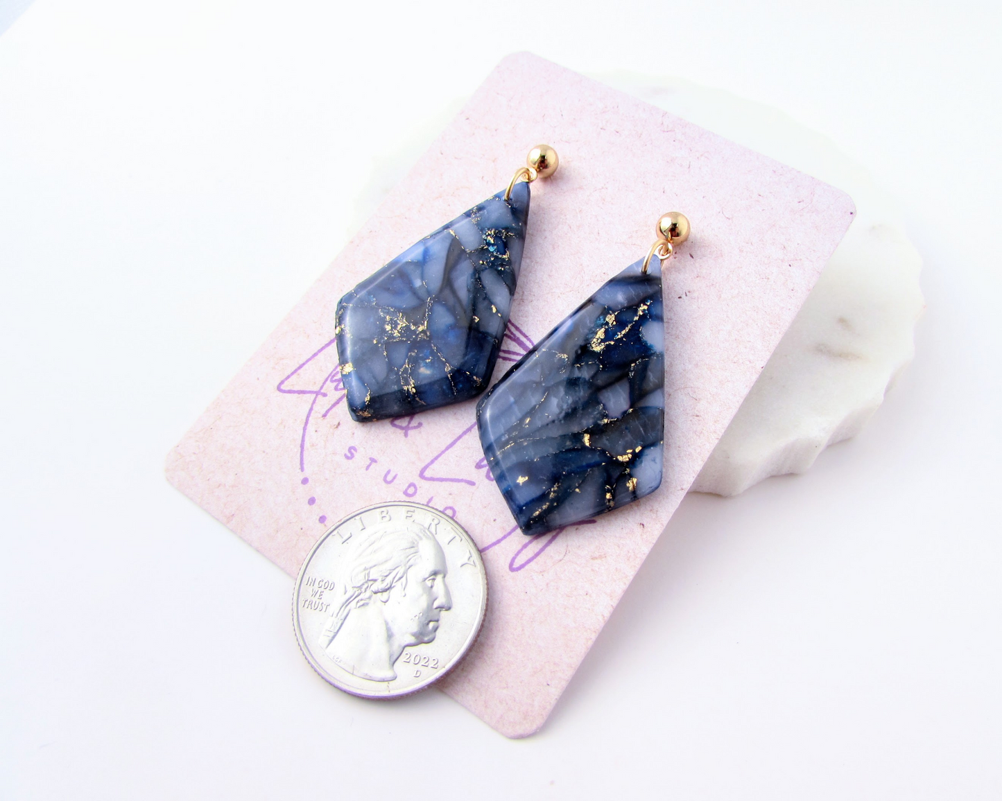 The Adelaine - Dark Blue & Gold Marble Polymer Clay Earrings