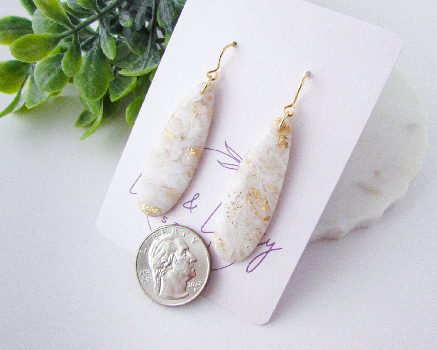 Simple Oval Dangles - White & Ivory Marble Swirl Polymer Clay Earrings