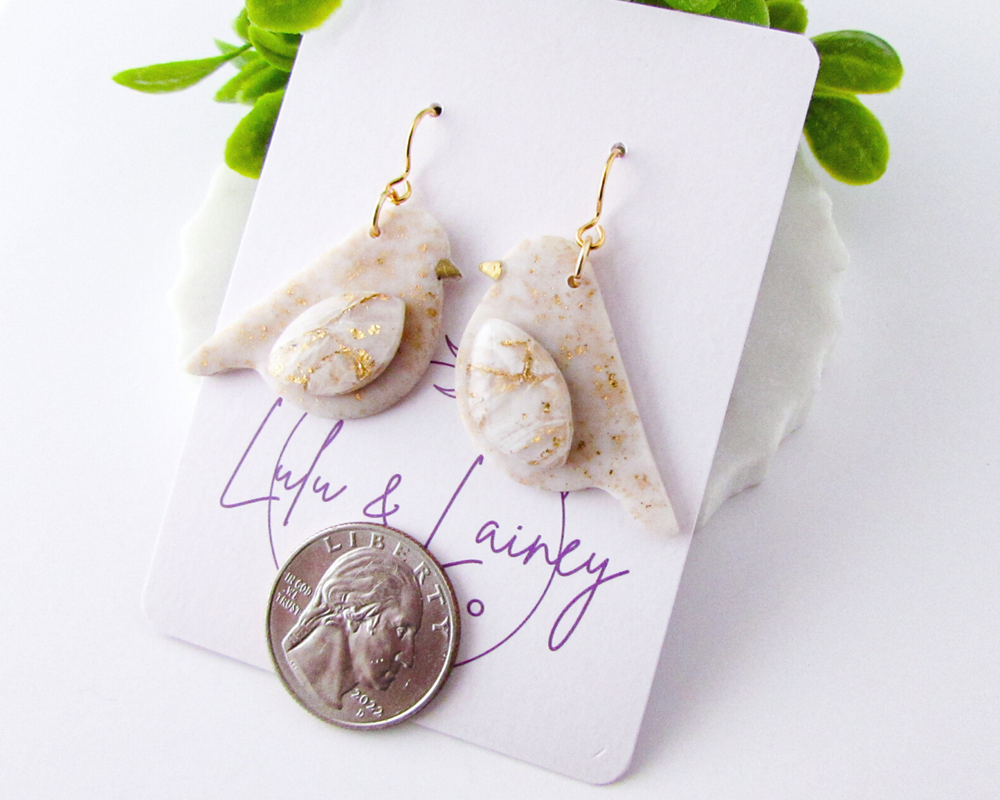 Song Birds - White & Ivory Marble and Shimmer Polymer Clay Earrings