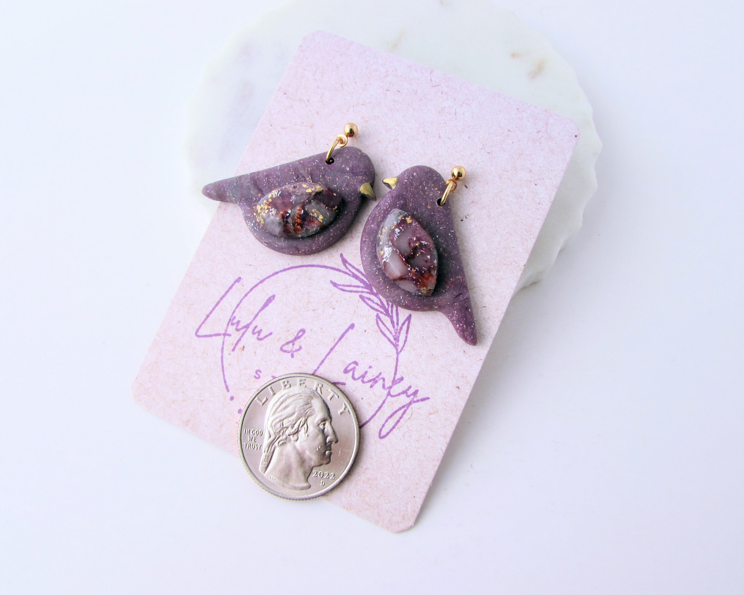 Song Birds - April Lilac Quartz and Shimmer Polymer Clay Earrings