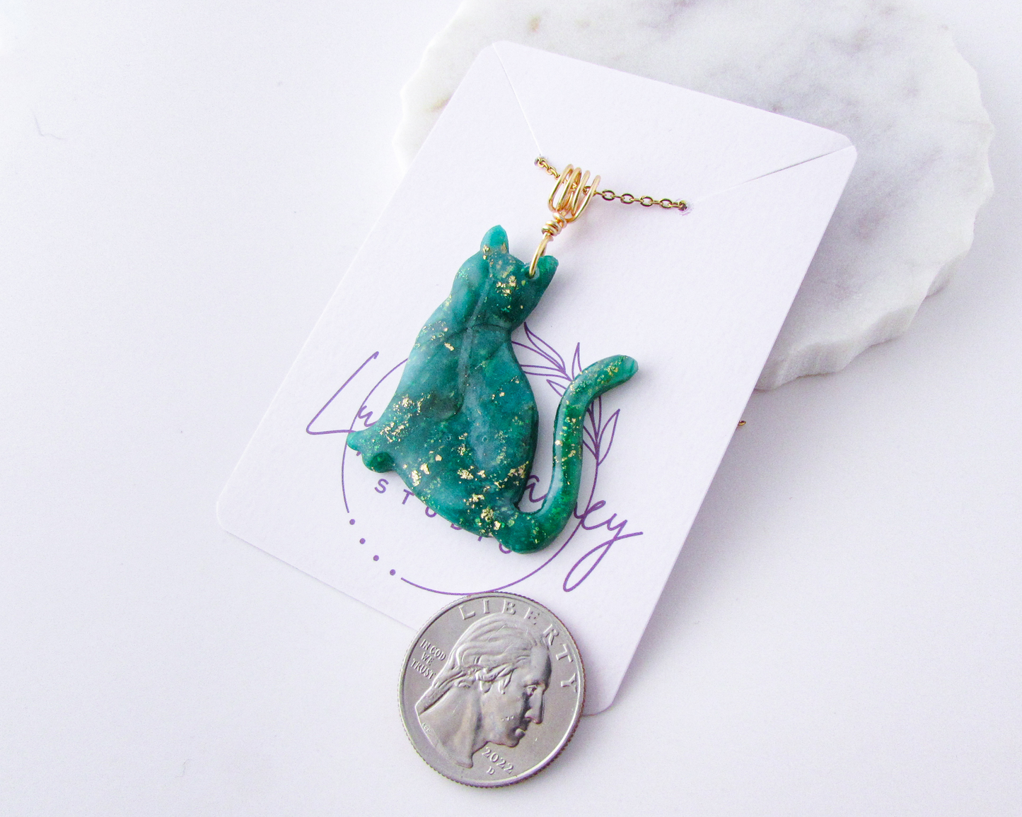 Cat Pendant Necklace in Emerald Green Quartz Swirl Polymer Clay