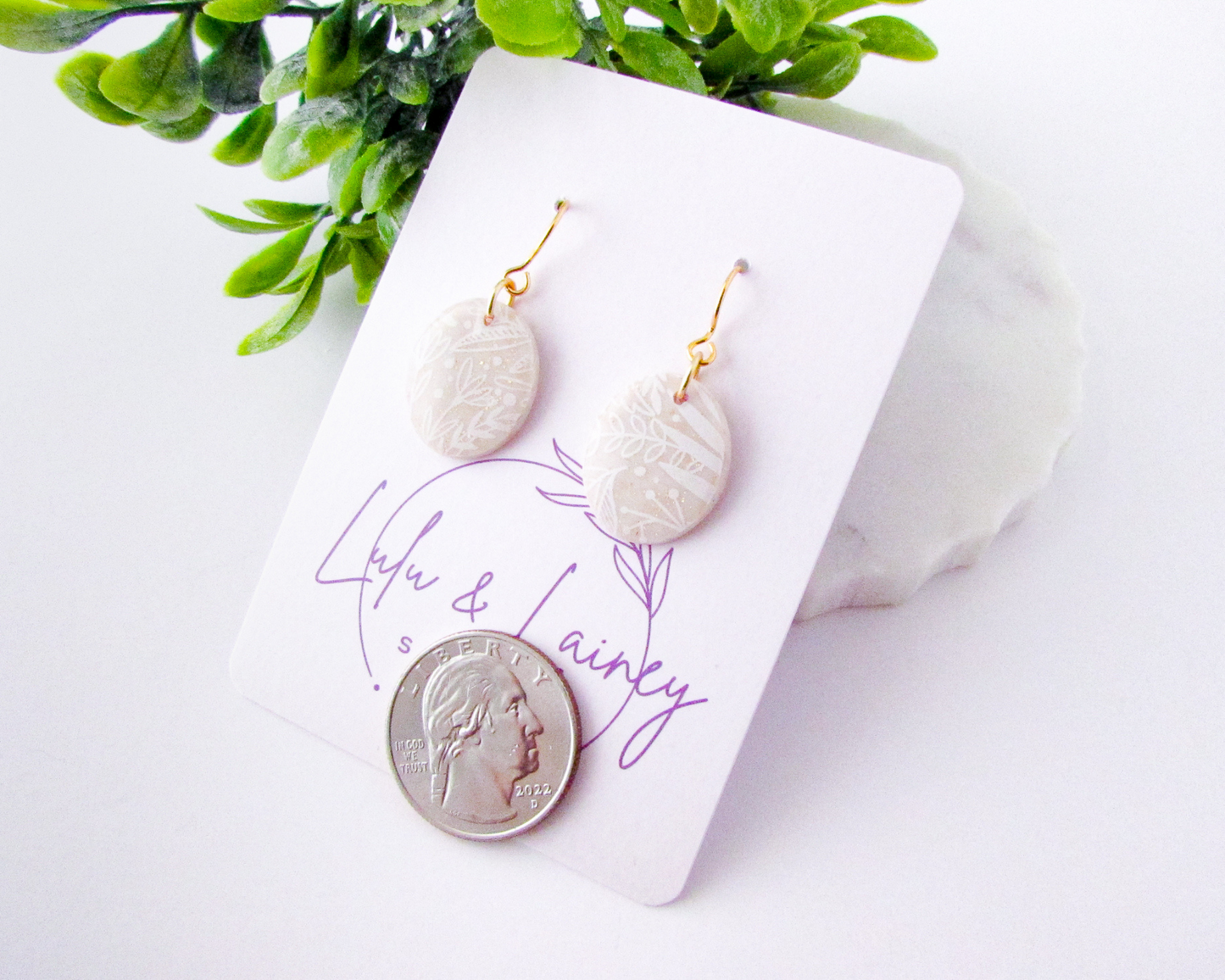 Little Floral Print Ovals - White & Ivory Shimmer Polymer Clay Earrings