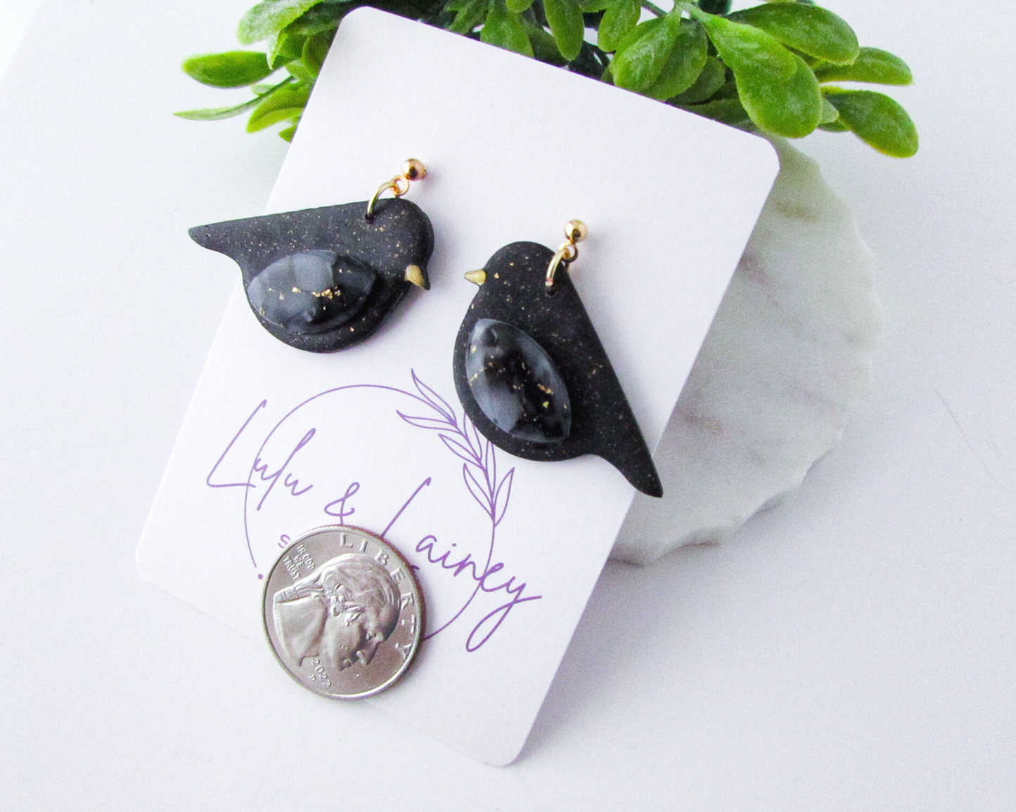 Song Birds - Black & Gold Marble and Shimmer Polymer Clay Earrings