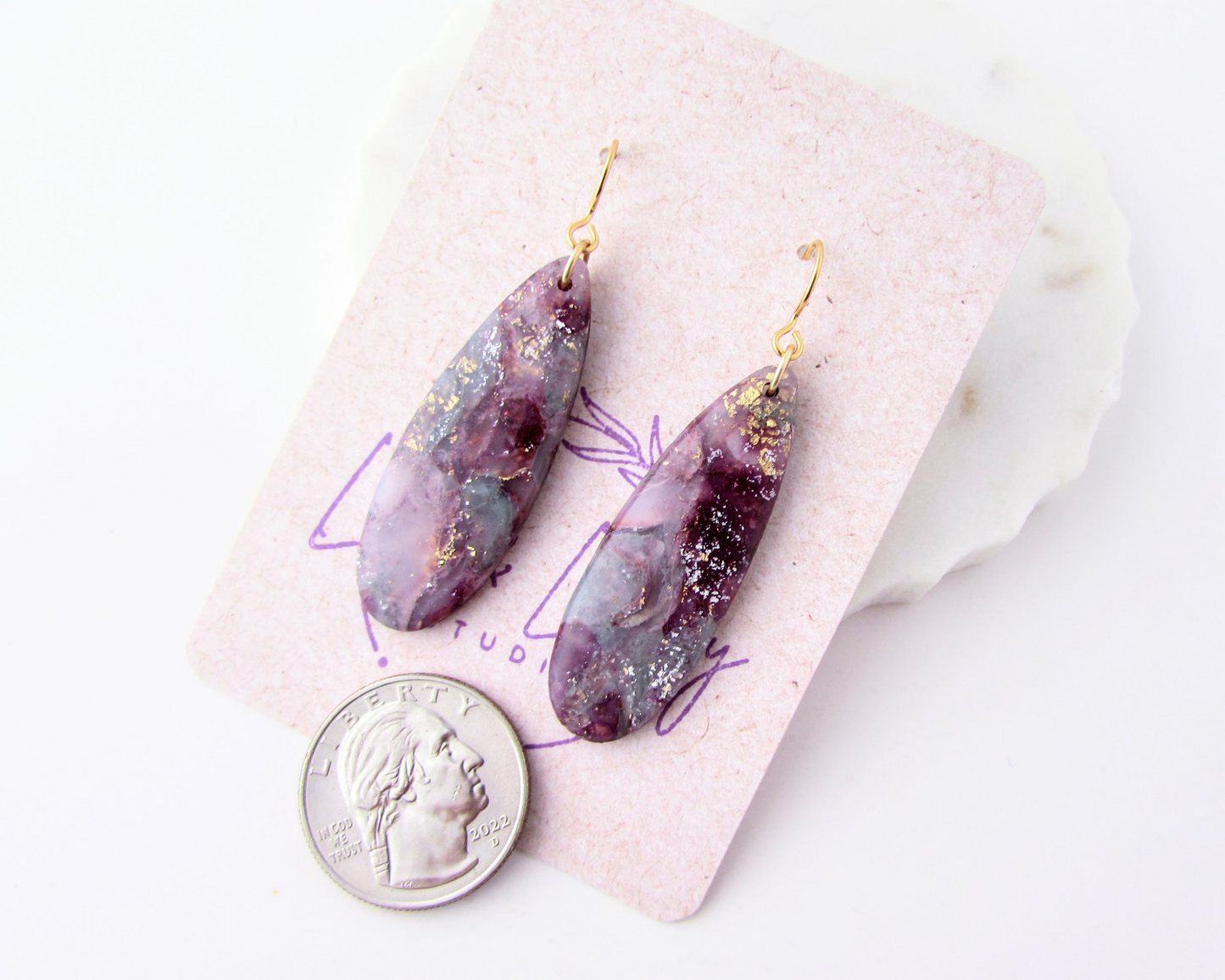 Simple Oval Dangles - April Lilac Quartz Swirl Polymer Clay Earrings