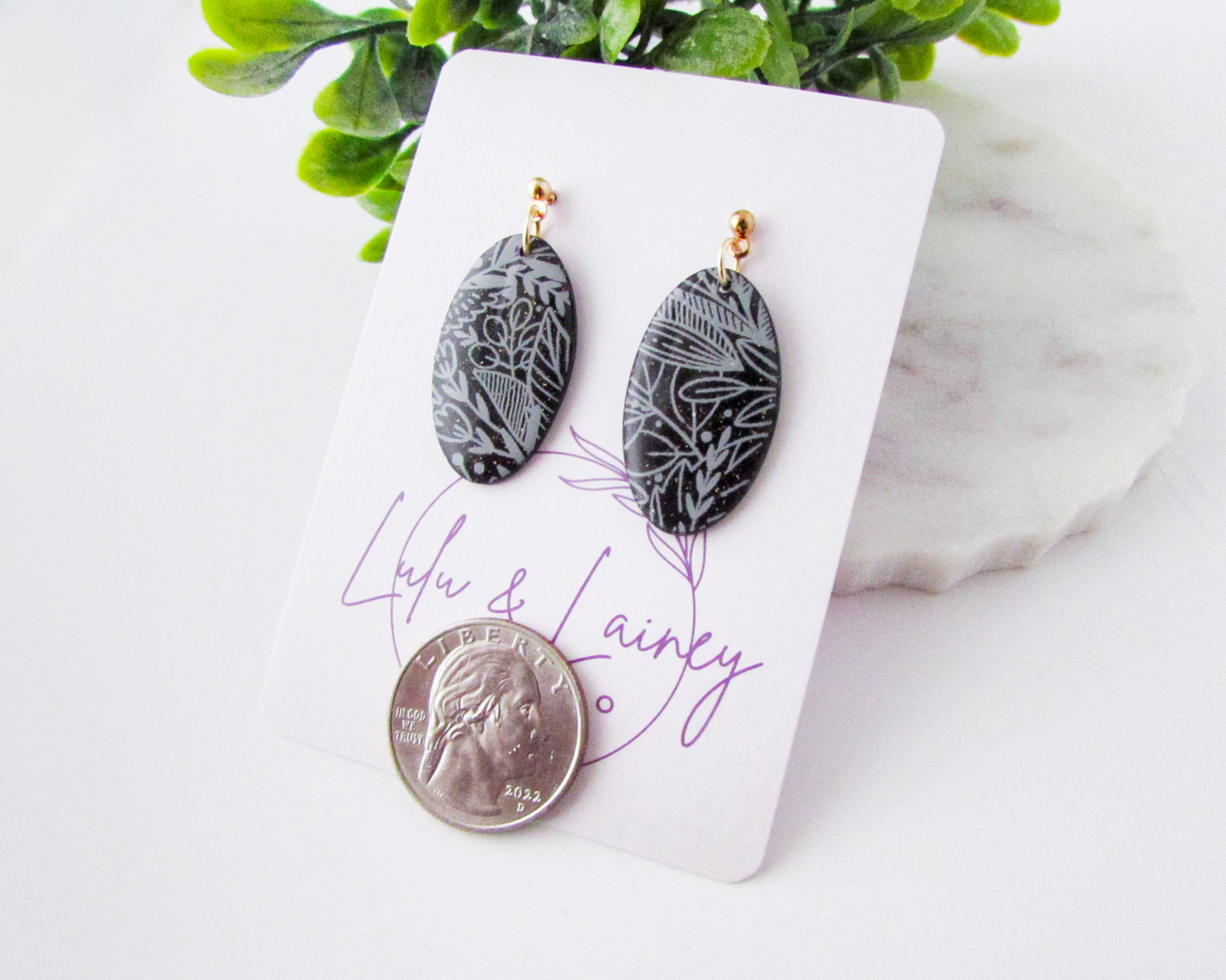 Floral Print Ovals - Black Shimmer Polymer Clay Earrings