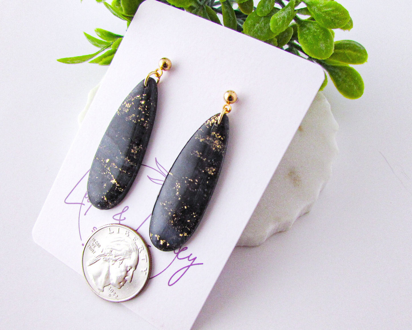 Simple Oval Dangles - Black & Gold Marble Swirl Polymer Clay Earrings