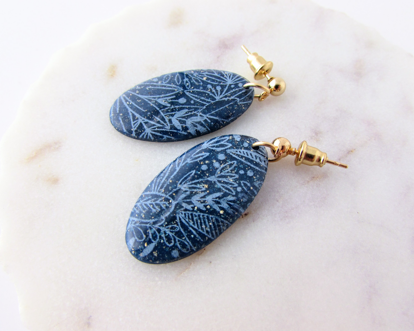 Floral Print Ovals - Dark Blue Shimmer Polymer Clay Earrings