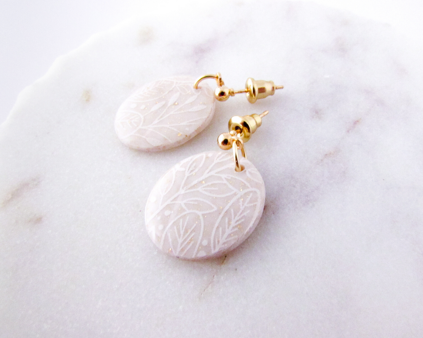 Little Floral Print Ovals - White & Ivory Shimmer Polymer Clay Earrings