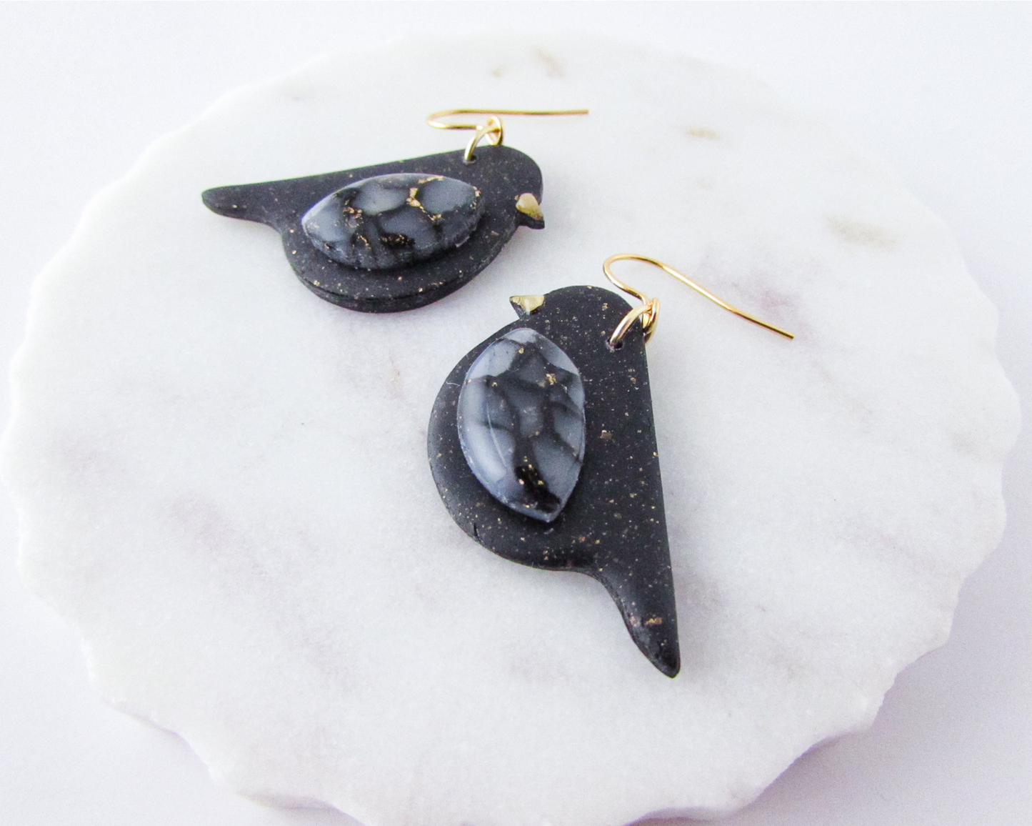 Song Birds - Black & Gold Marble and Shimmer Polymer Clay Earrings