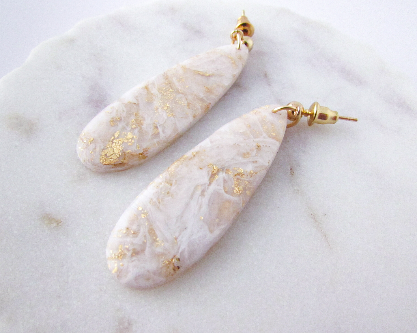 Simple Oval Dangles - White & Ivory Marble Swirl Polymer Clay Earrings