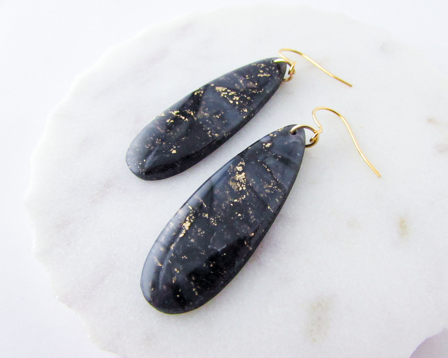 Simple Oval Dangles - Black & Gold Marble Swirl Polymer Clay Earrings