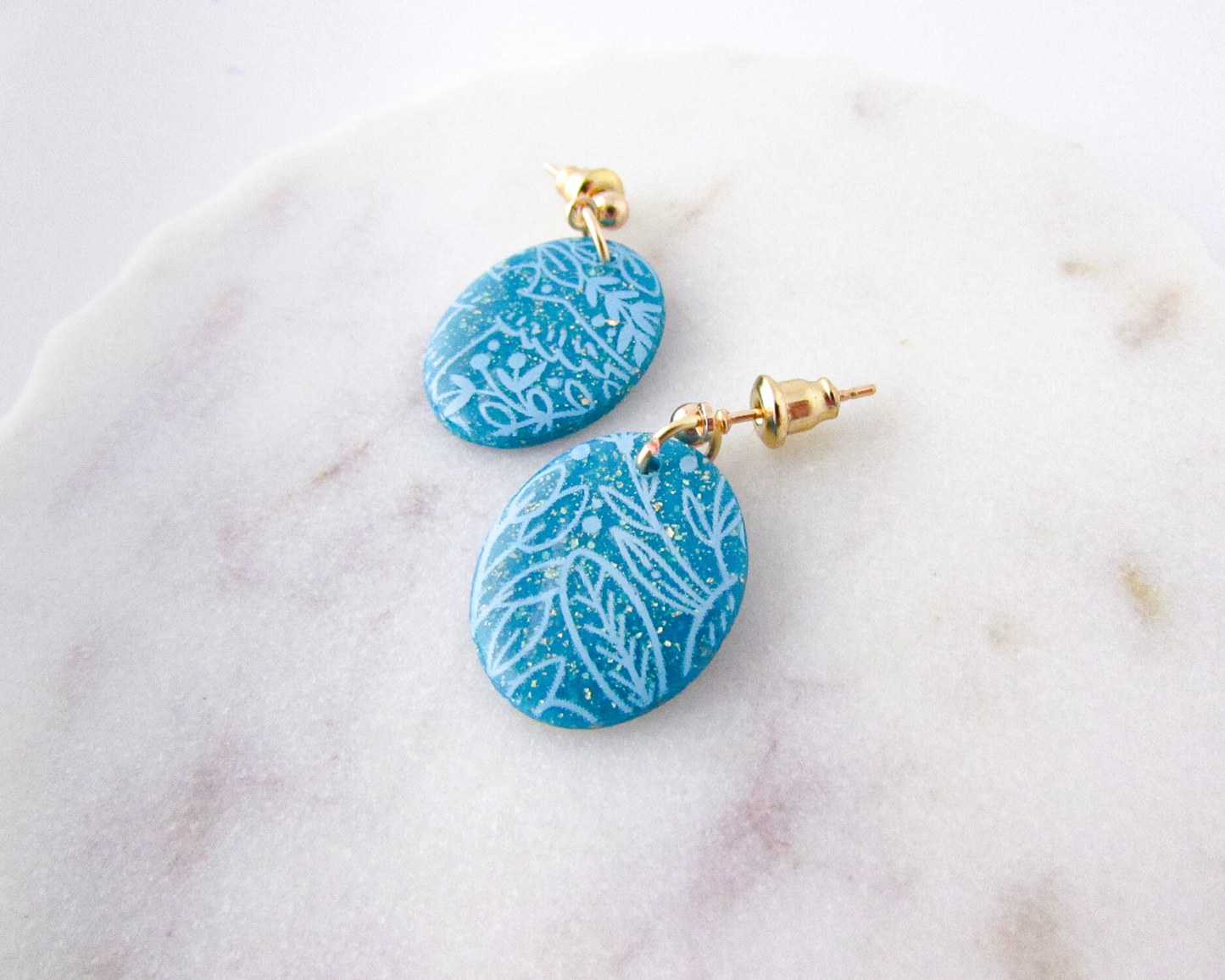 Little Floral Print Ovals - Aqua Blue Shimmer Polymer Clay Earrings