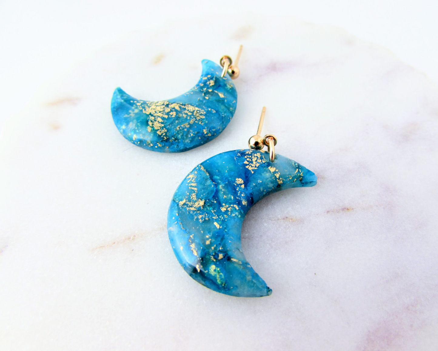 Moons - Aqua Blue Marble Swirl Polymer Clay Earrings