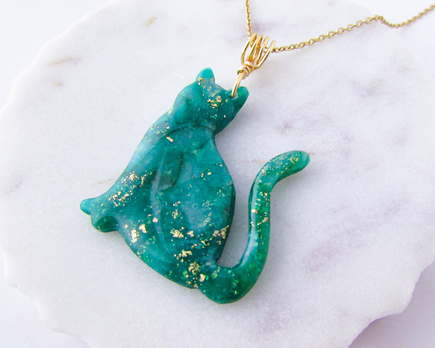 Cat Pendant Necklace in Emerald Green Quartz Swirl Polymer Clay