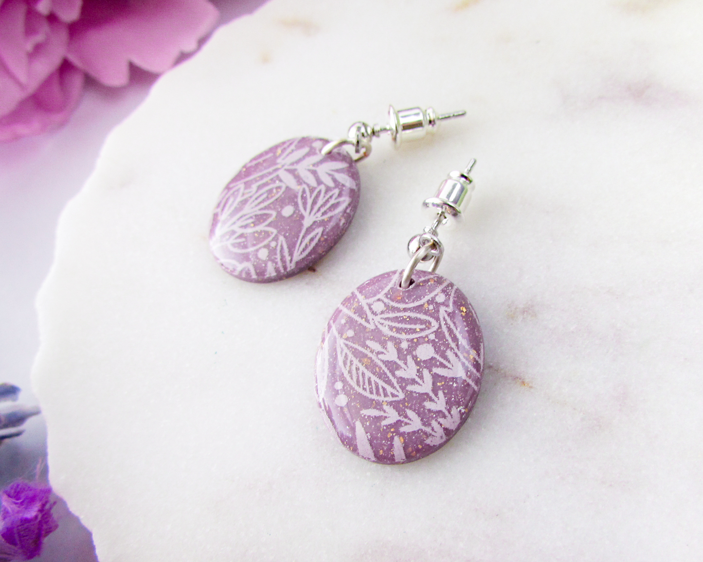 Little Floral Print Ovals - April Lilac Shimmer Polymer Clay Earrings