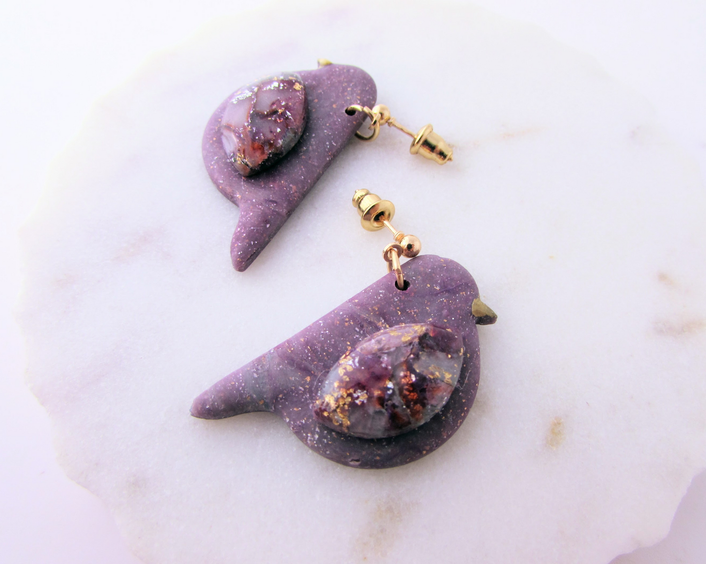 Song Birds - April Lilac Quartz and Shimmer Polymer Clay Earrings