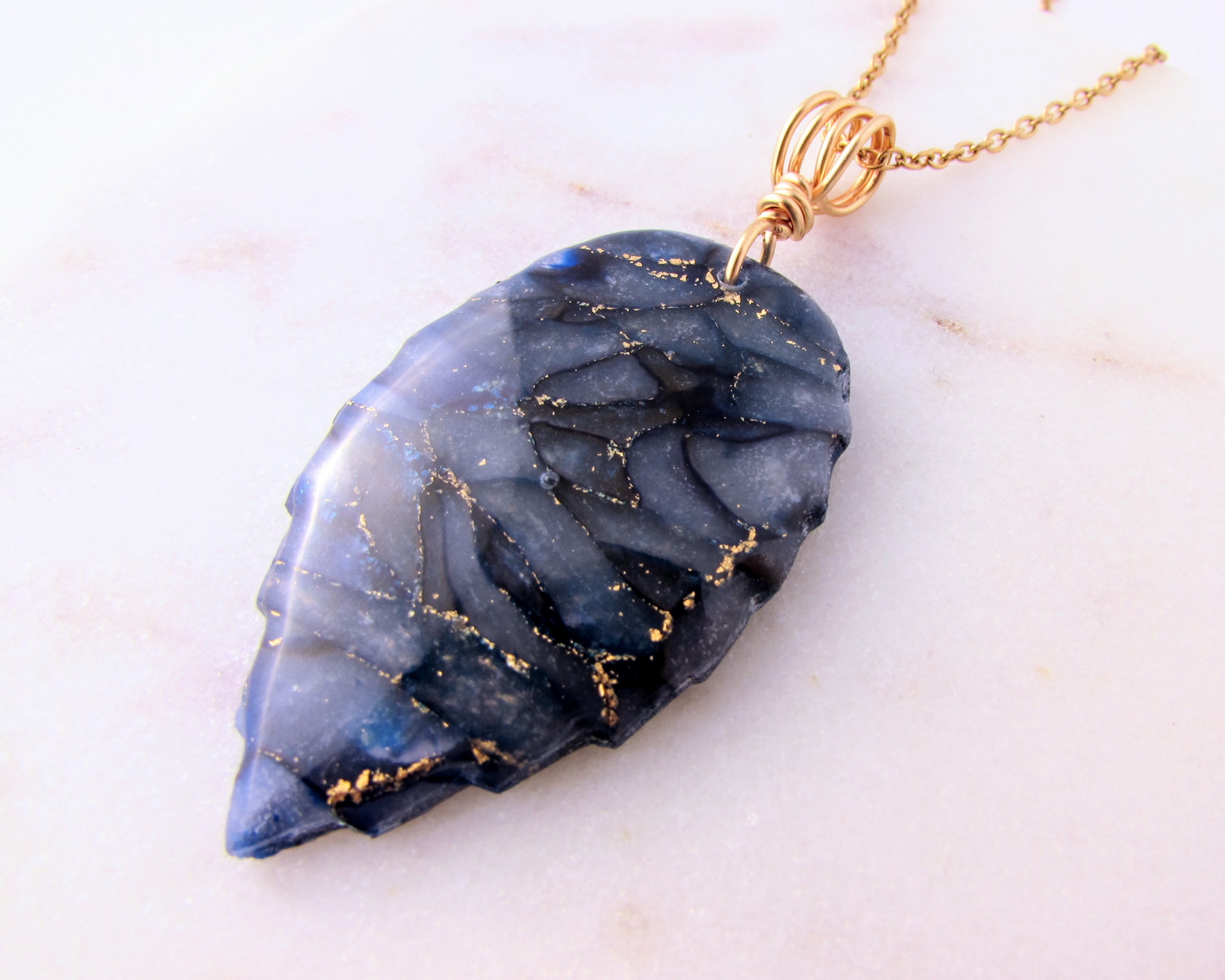 Leaf Pendant - Dark Blue Quartz Clay Necklace