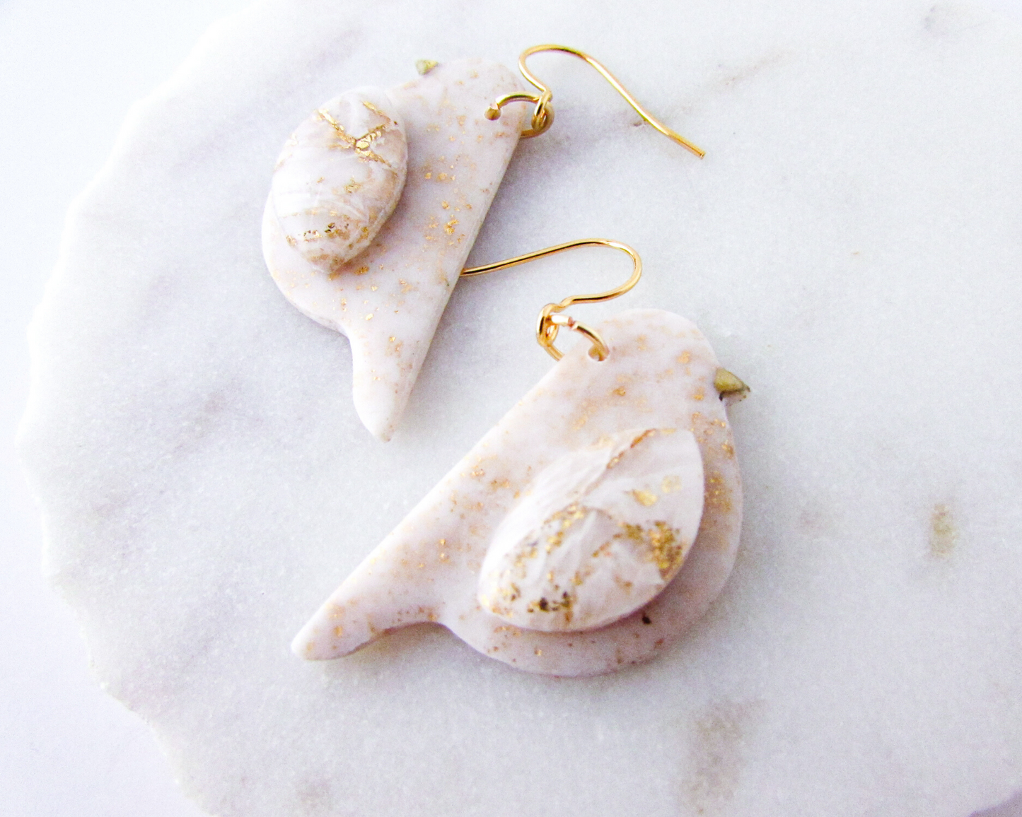 Song Birds - White & Ivory Marble and Shimmer Polymer Clay Earrings