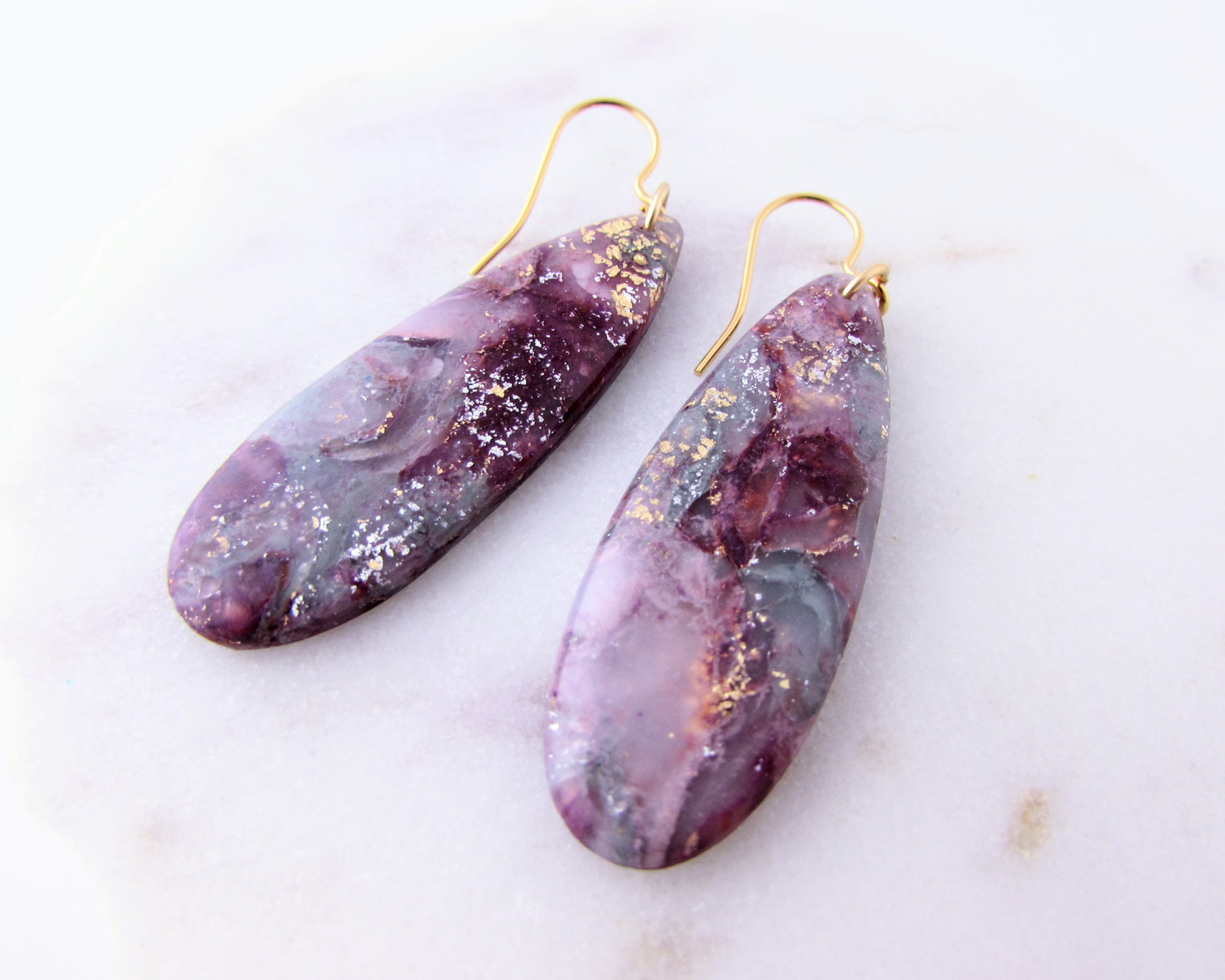 Simple Oval Dangles - April Lilac Quartz Swirl Polymer Clay Earrings