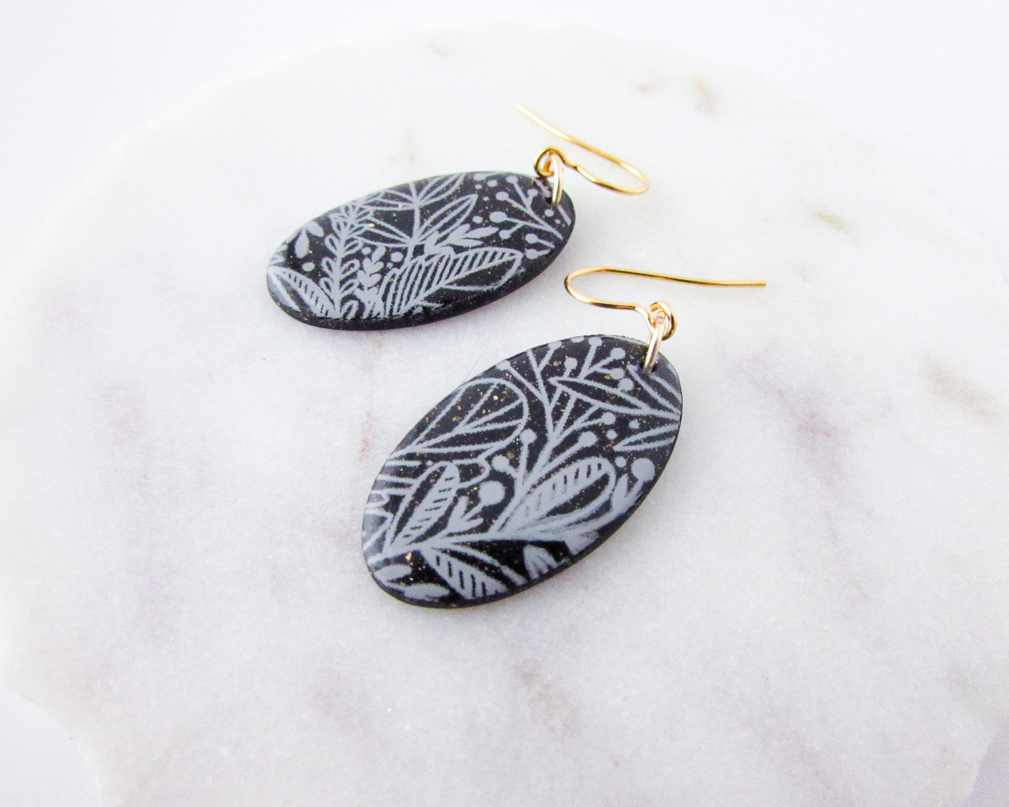 Floral Print Ovals - Black Shimmer Polymer Clay Earrings