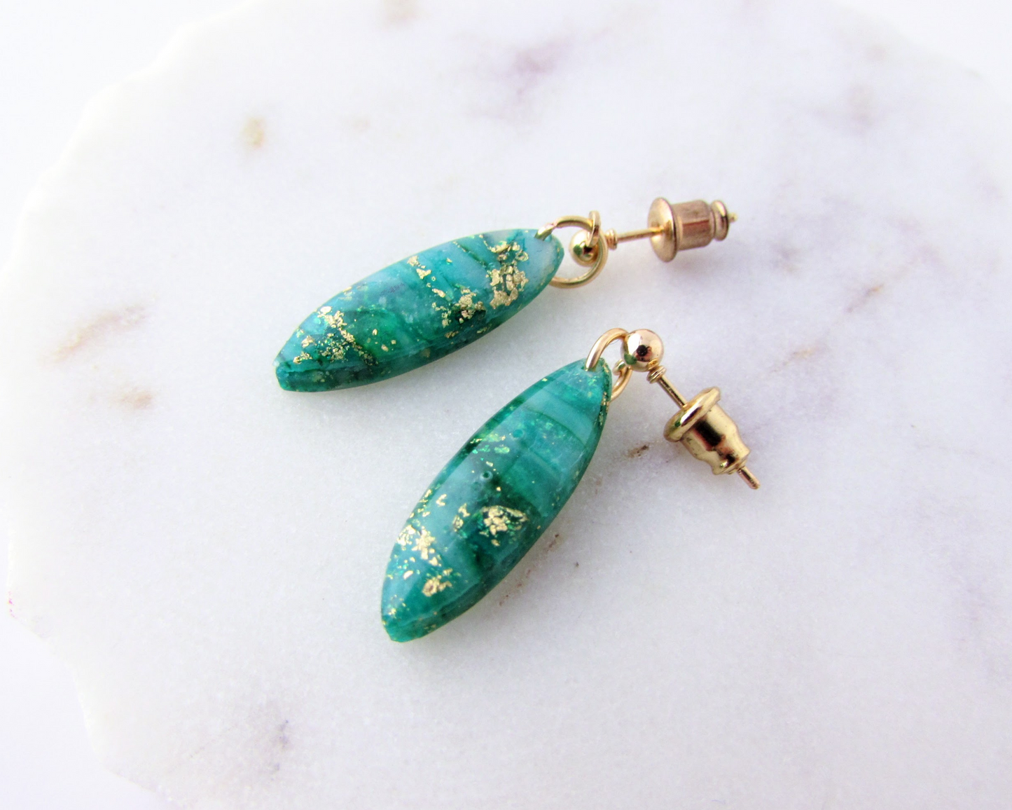 Tiny Dangles - Emerald Green Quartz Swirl Polymer Clay Earrings