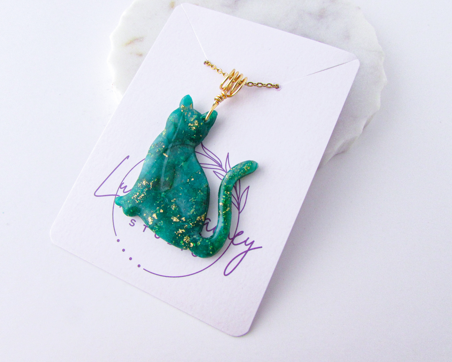 Cat Pendant Necklace in Emerald Green Quartz Swirl Polymer Clay