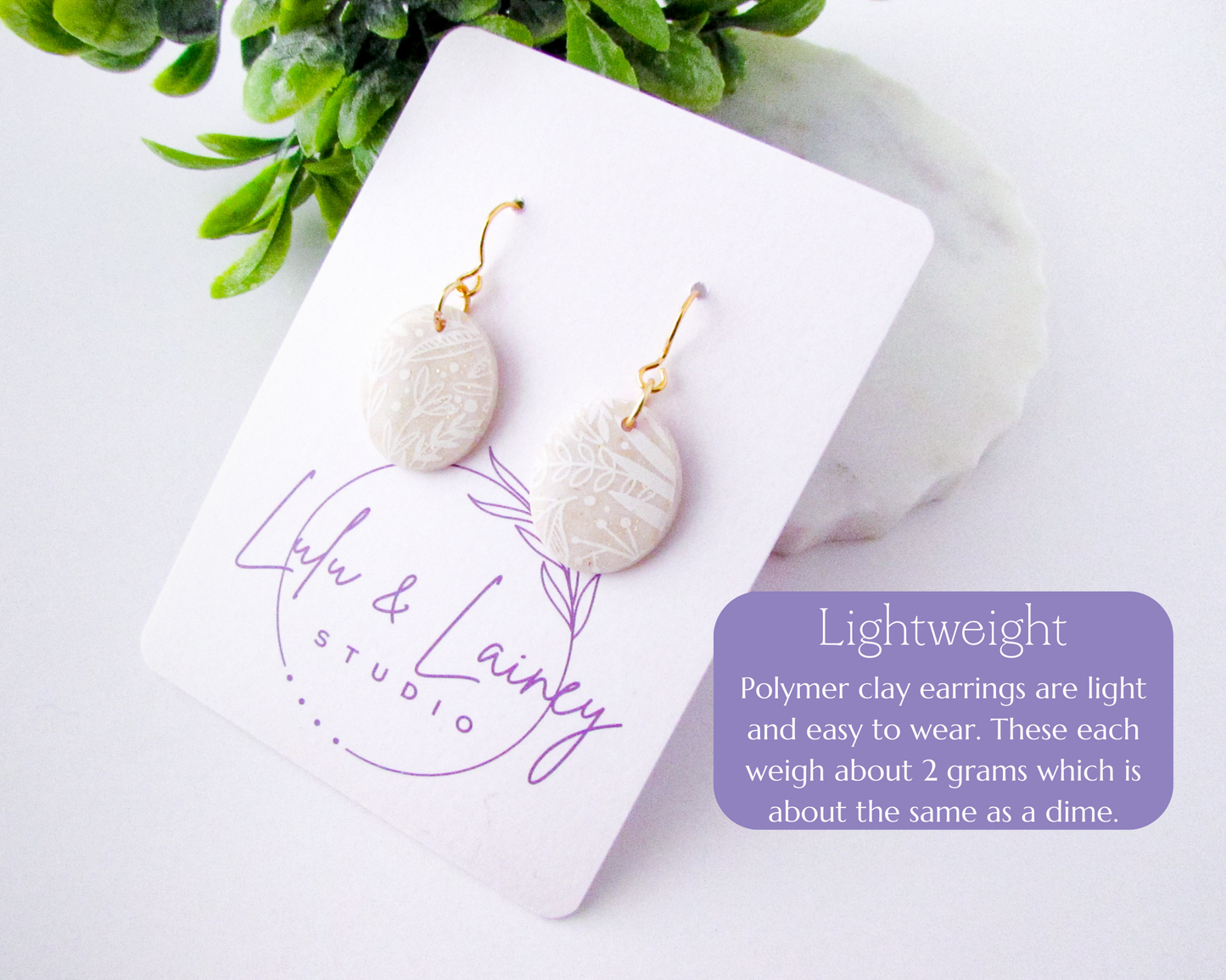 Little Floral Print Ovals - White & Ivory Shimmer Polymer Clay Earrings