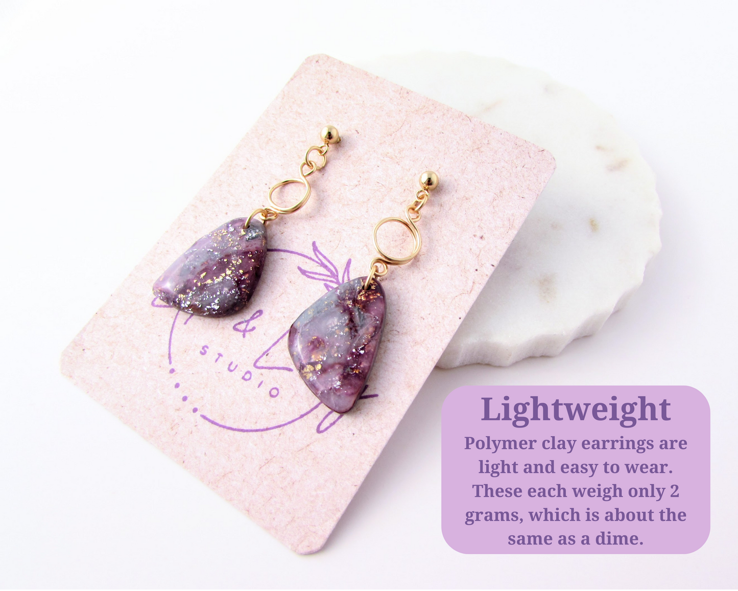 The Addie -  April Lilac Quartz Swirl Polymer Clay Earrings - Limited Spring Collection