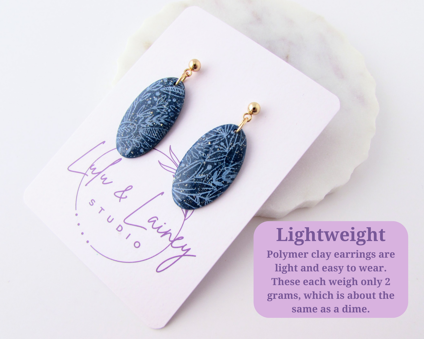 Floral Print Ovals - Dark Blue Shimmer Polymer Clay Earrings