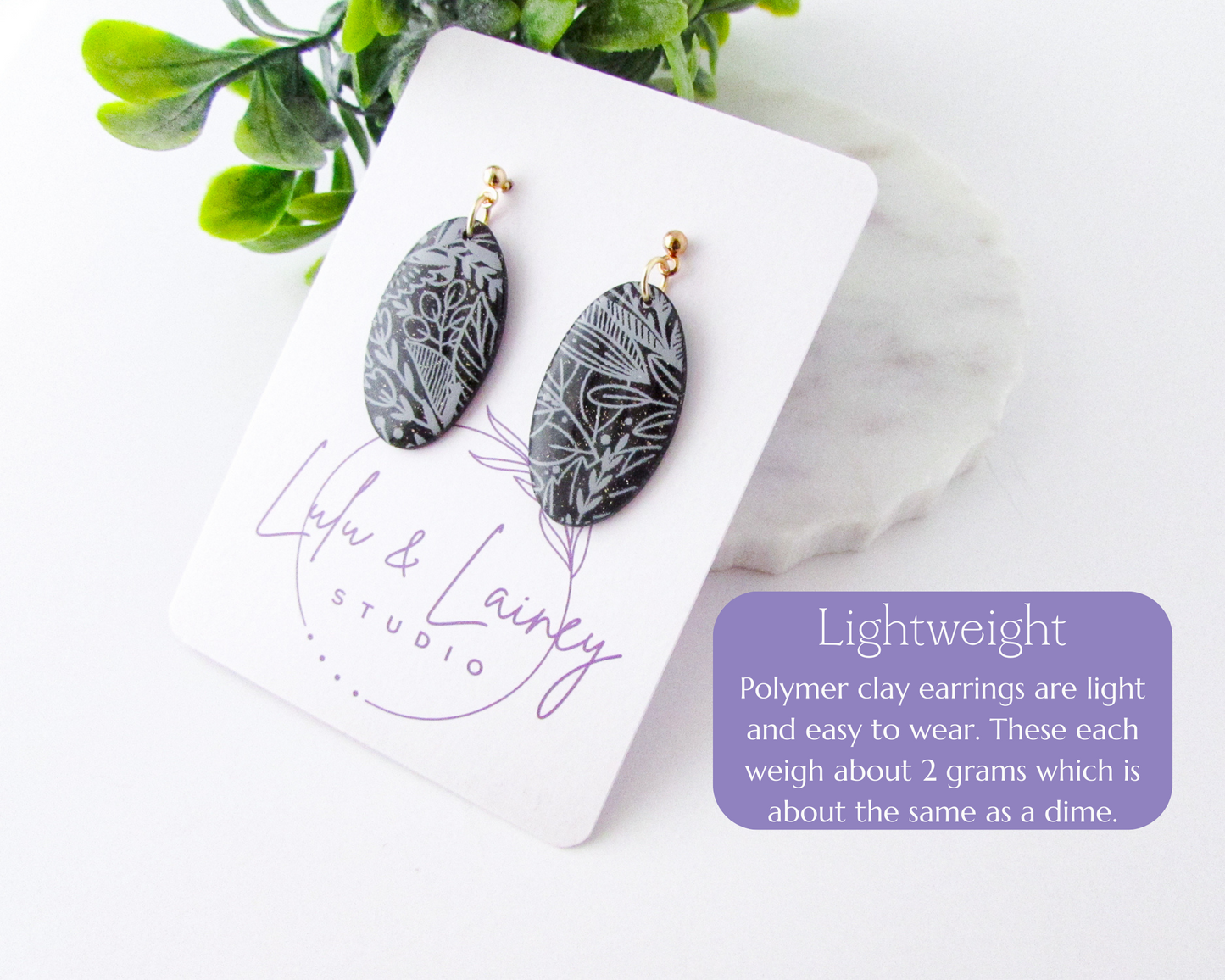 Floral Print Ovals - Black Shimmer Polymer Clay Earrings