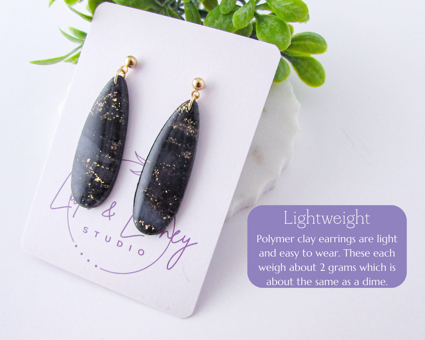 Simple Oval Dangles - Black & Gold Marble Swirl Polymer Clay Earrings