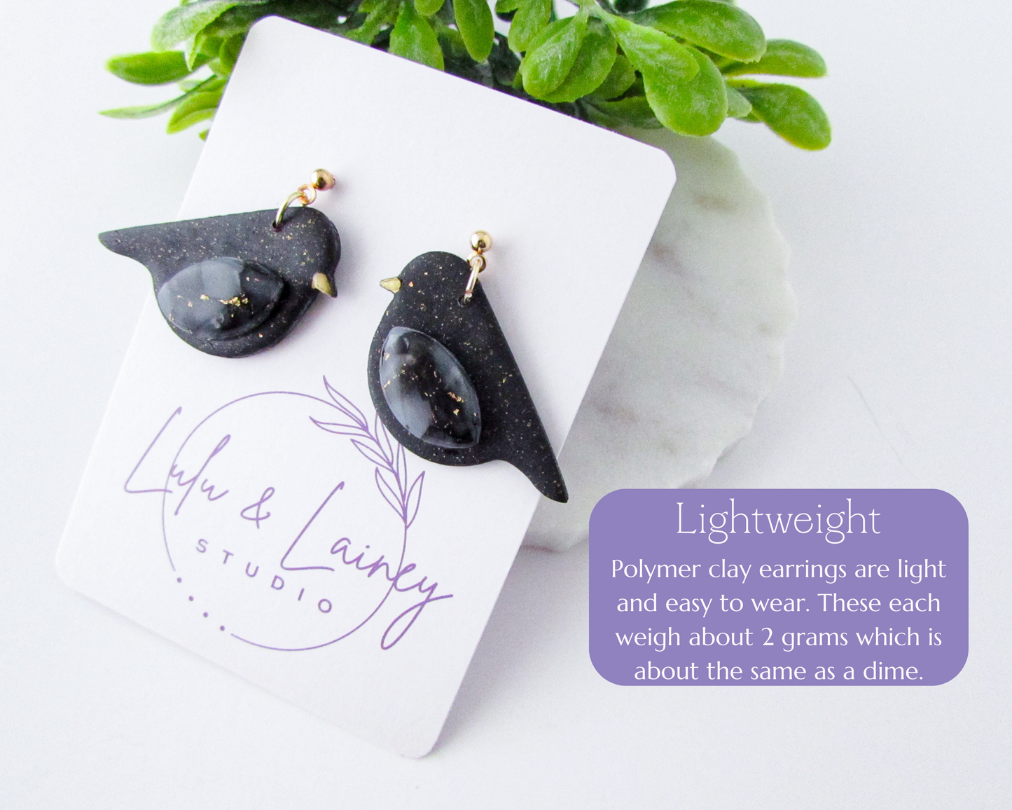 Song Birds - Black & Gold Marble and Shimmer Polymer Clay Earrings