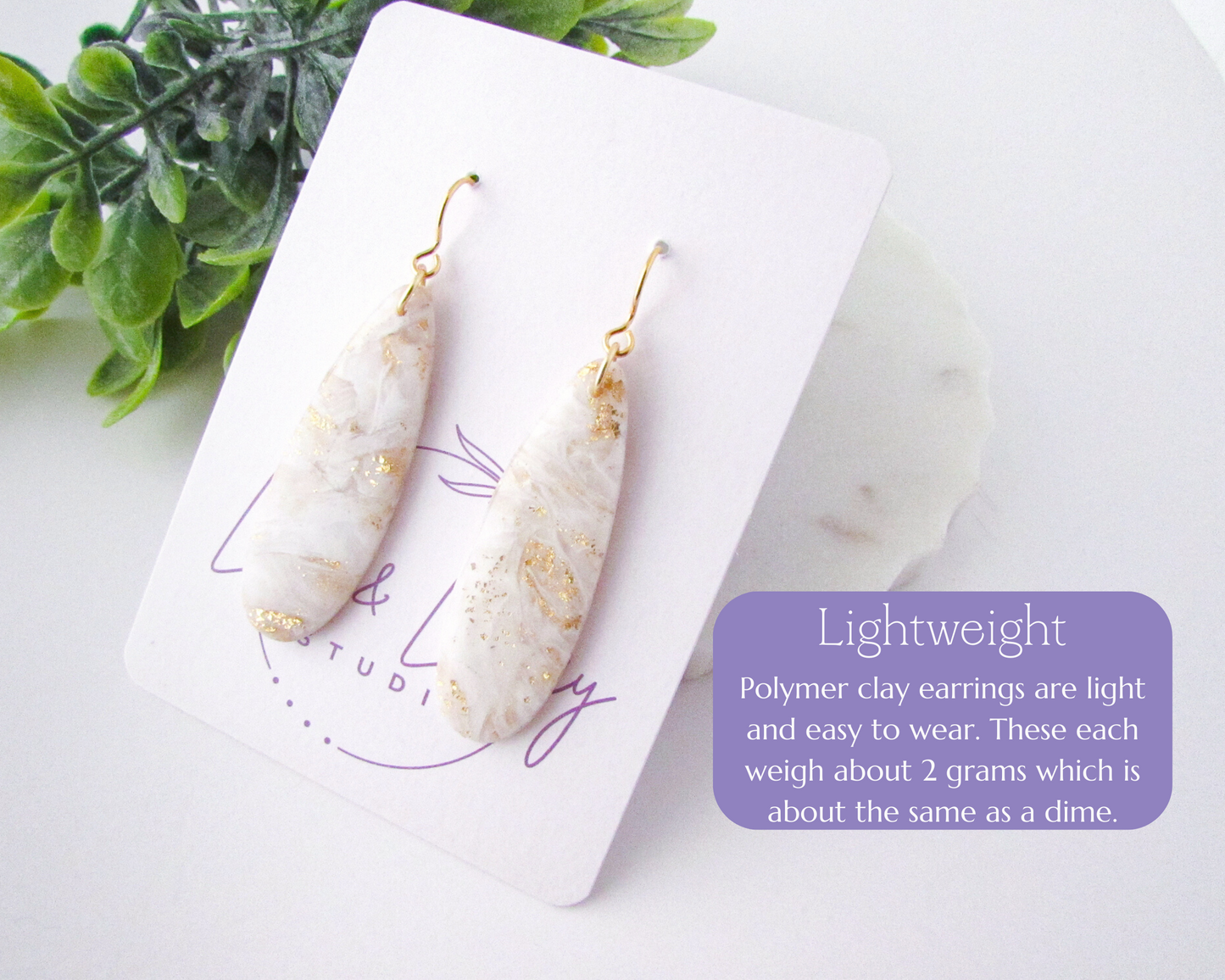 Simple Oval Dangles - White & Ivory Marble Swirl Polymer Clay Earrings