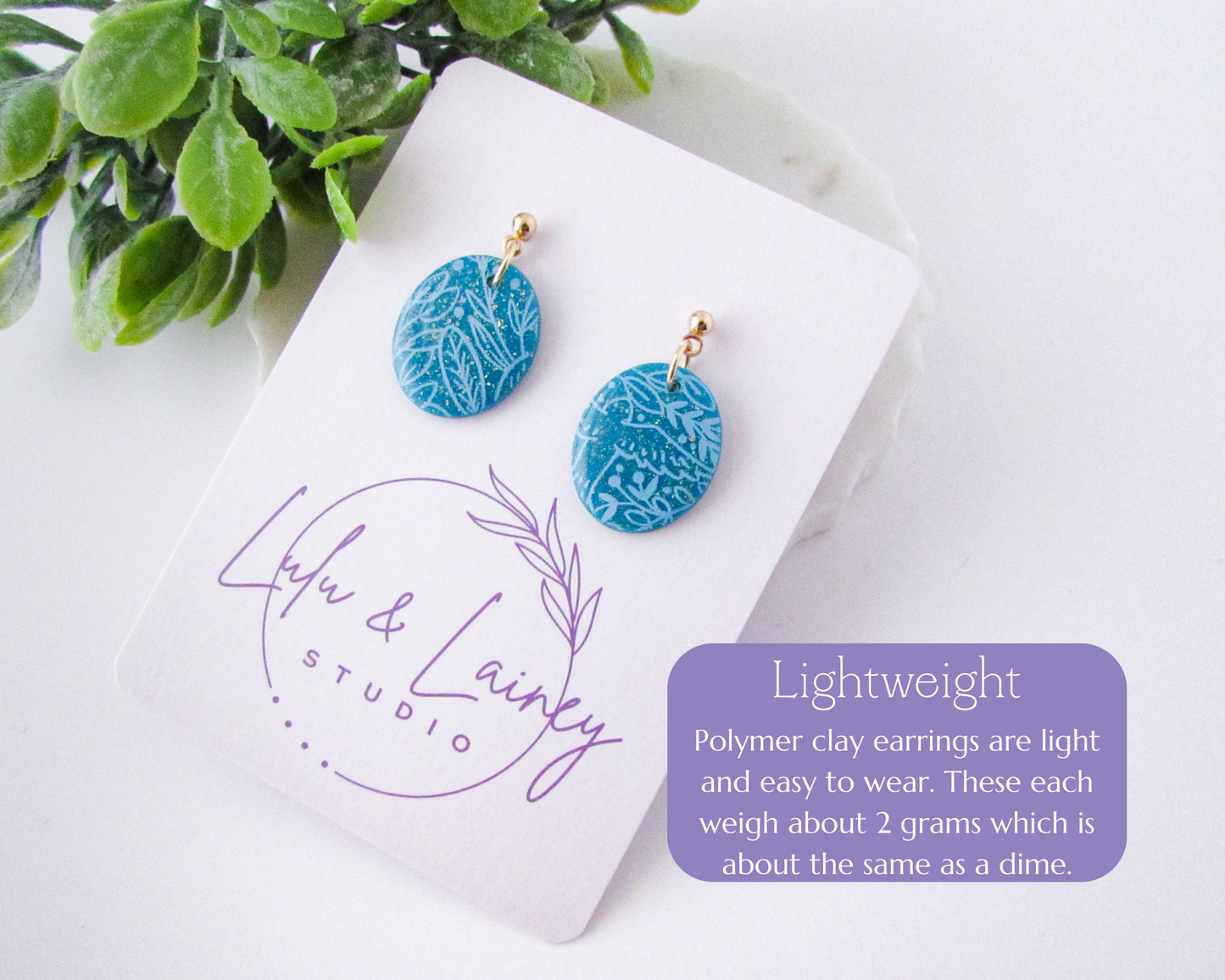 Little Floral Print Ovals - Aqua Blue Shimmer Polymer Clay Earrings