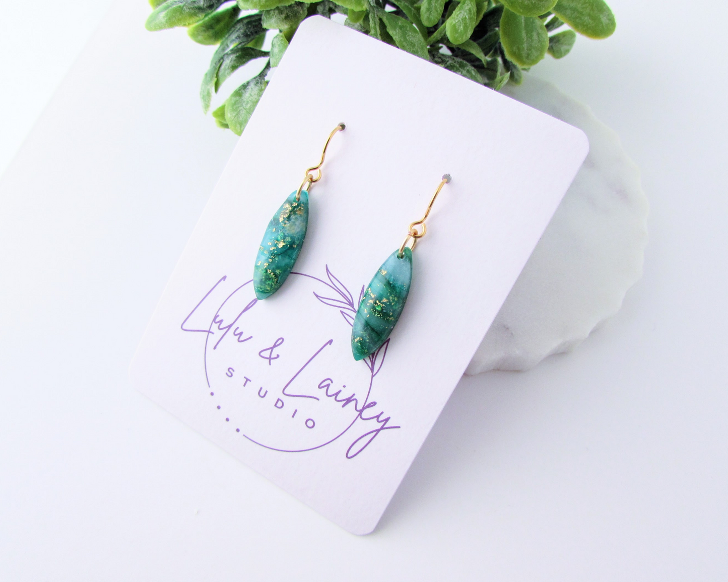 Tiny Dangles - Emerald Green Quartz Swirl Polymer Clay Earrings