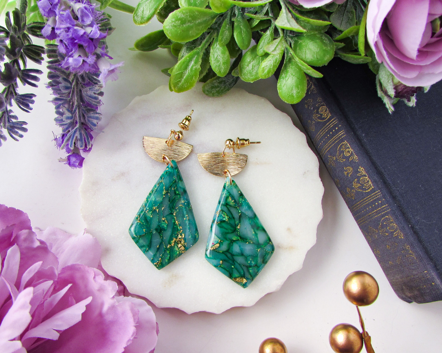 The Adelaine - Emerald Green Marble Polymer Clay Earrings