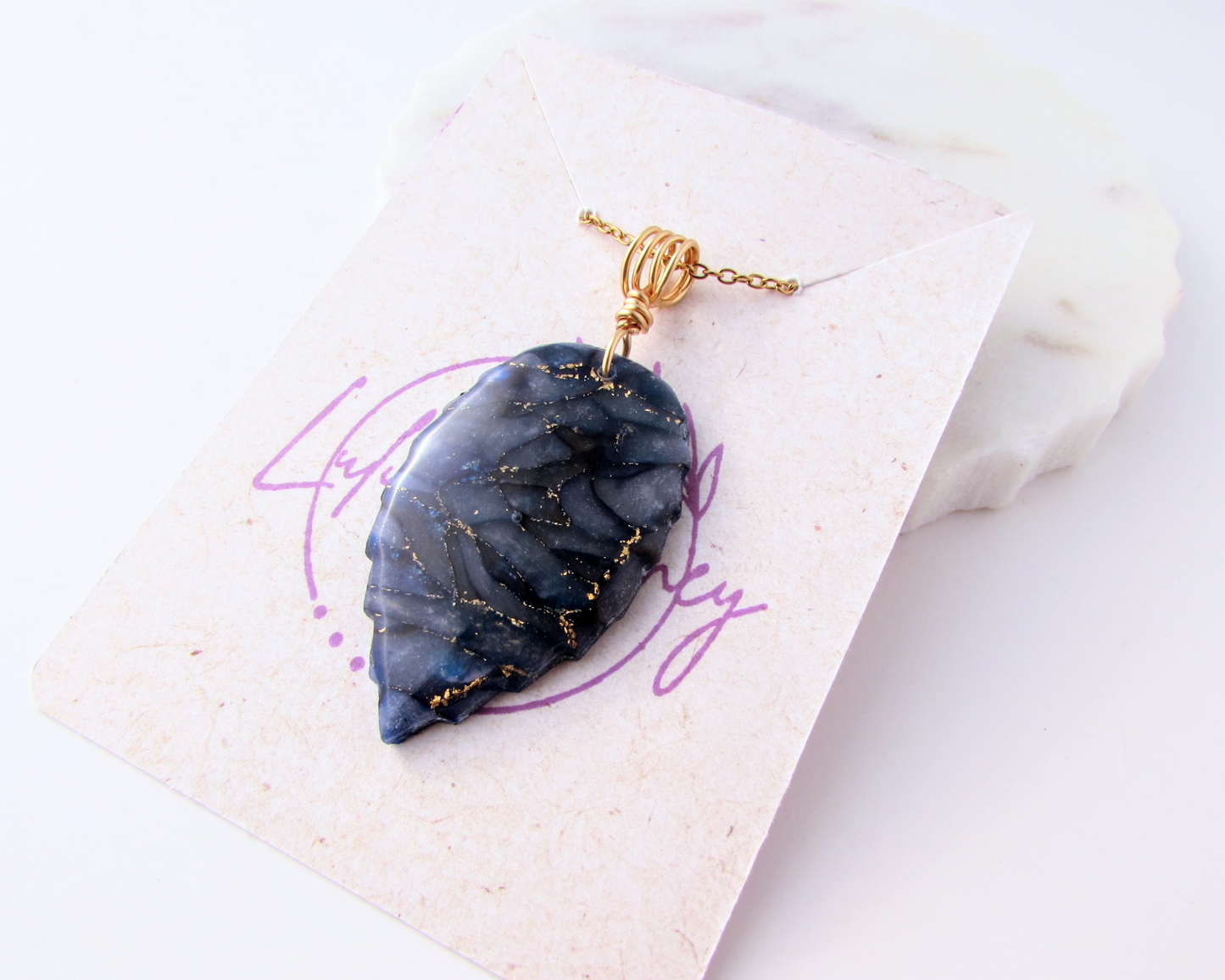 Leaf Pendant - Dark Blue Quartz Clay Necklace