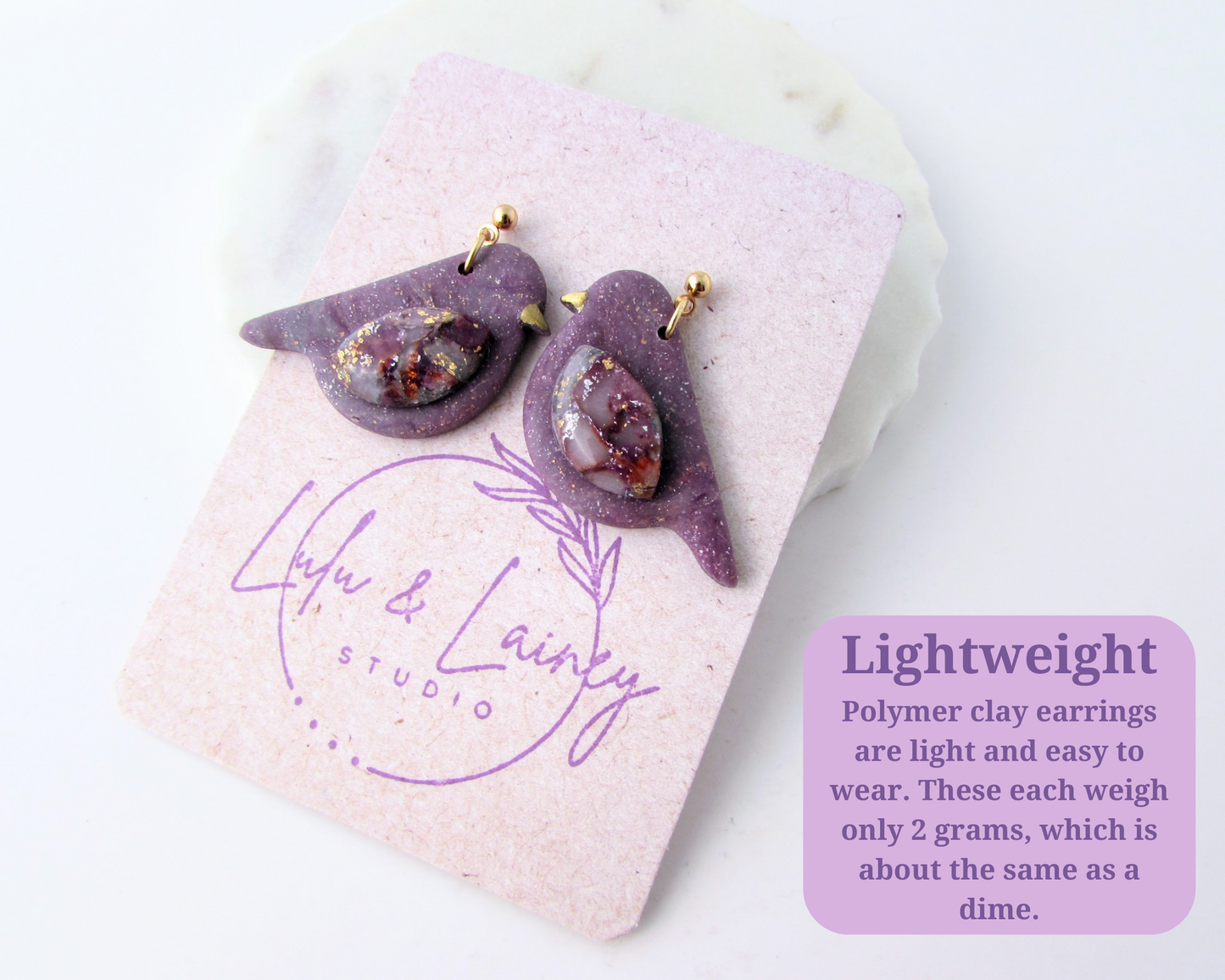 Song Birds - April Lilac Quartz and Shimmer Polymer Clay Earrings