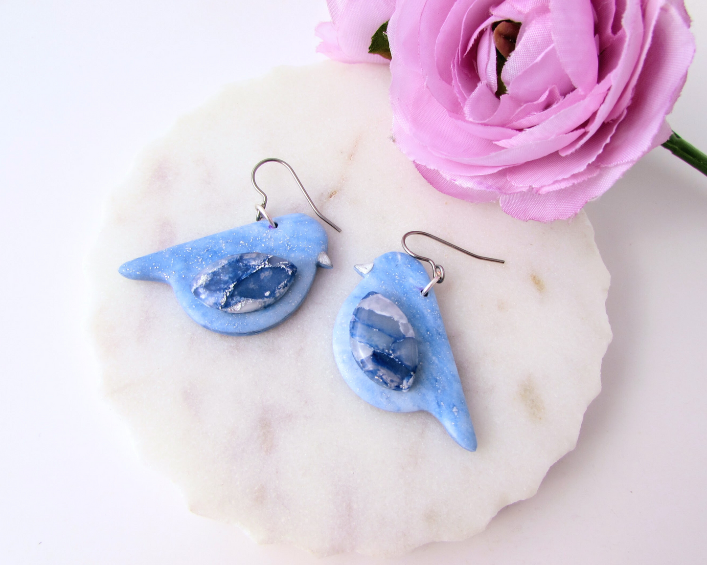 Song Birds - Memphis Blue Quartz and Shimmer Polymer Clay Earrings