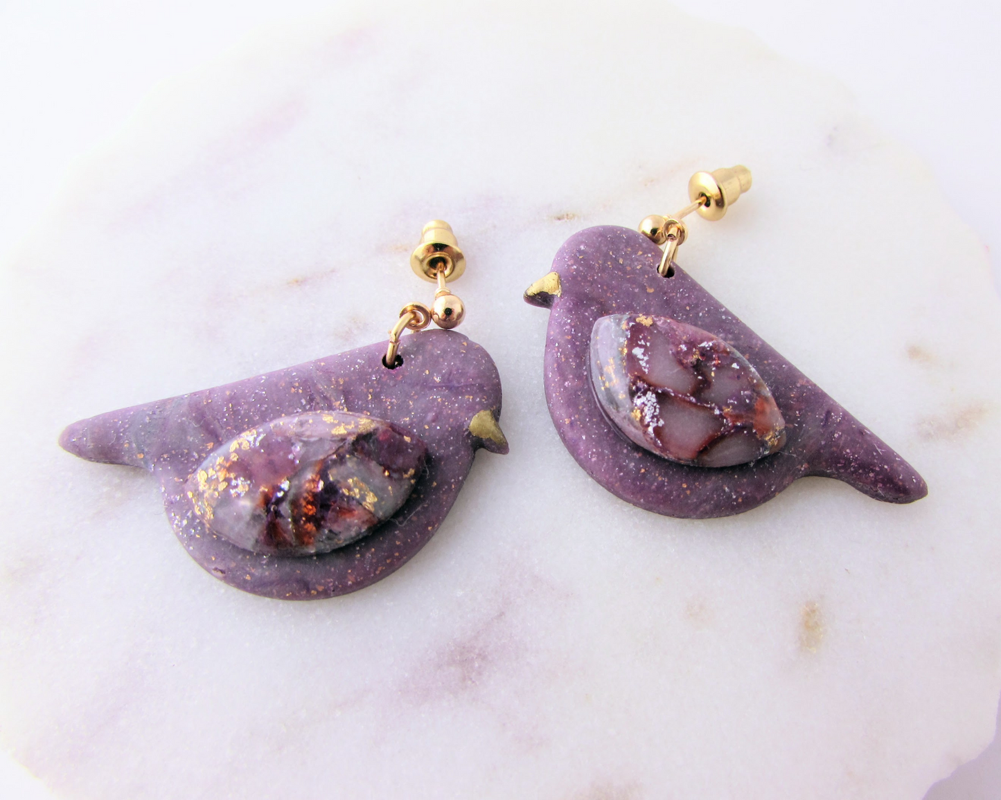 Song Birds - April Lilac Quartz and Shimmer Polymer Clay Earrings