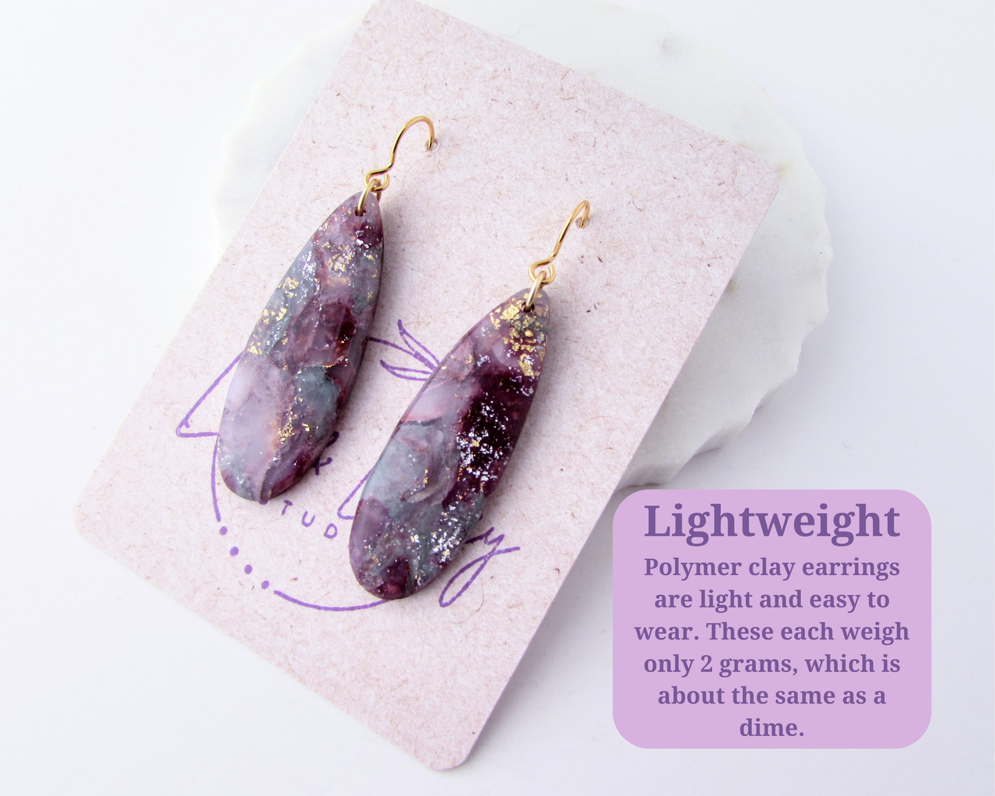 Simple Oval Dangles - April Lilac Quartz Swirl Polymer Clay Earrings