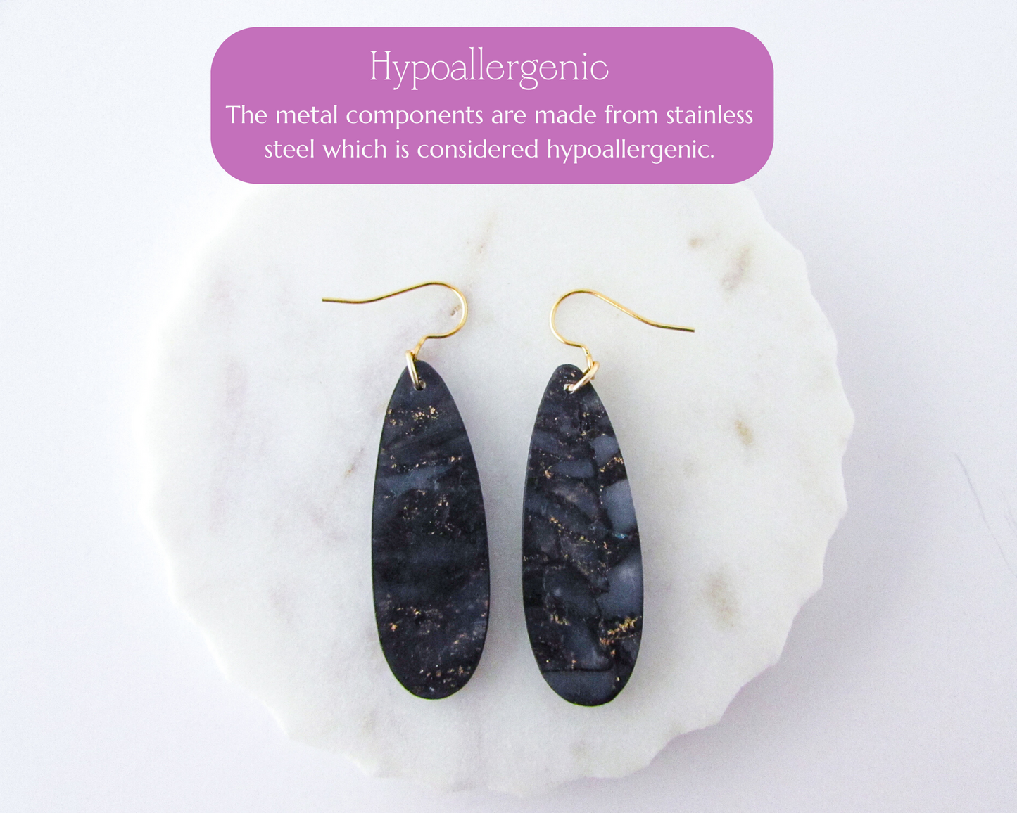 Simple Oval Dangles - Black & Gold Marble Swirl Polymer Clay Earrings