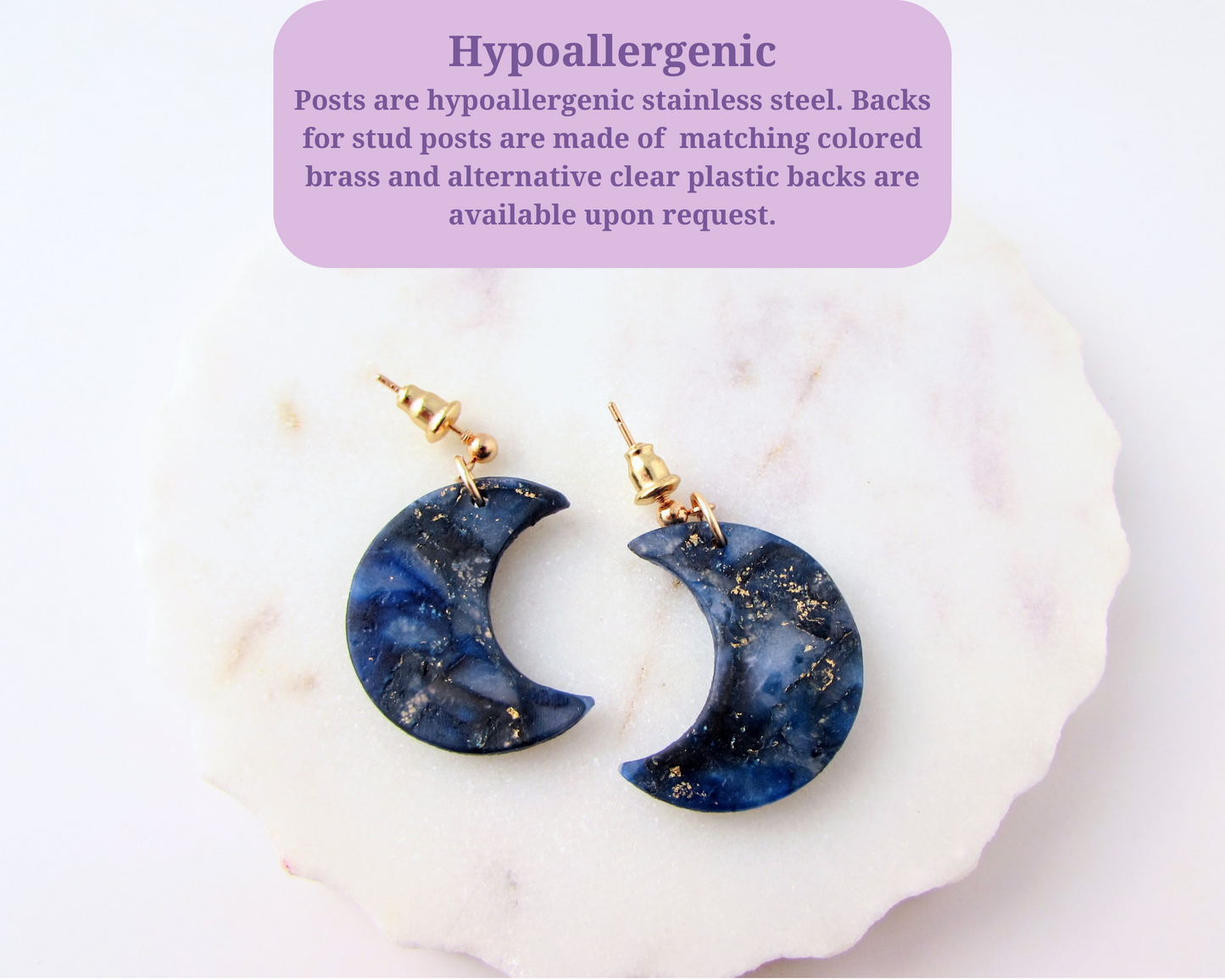 Moons - Dark Blue Marble Swirl Polymer Clay Earrings