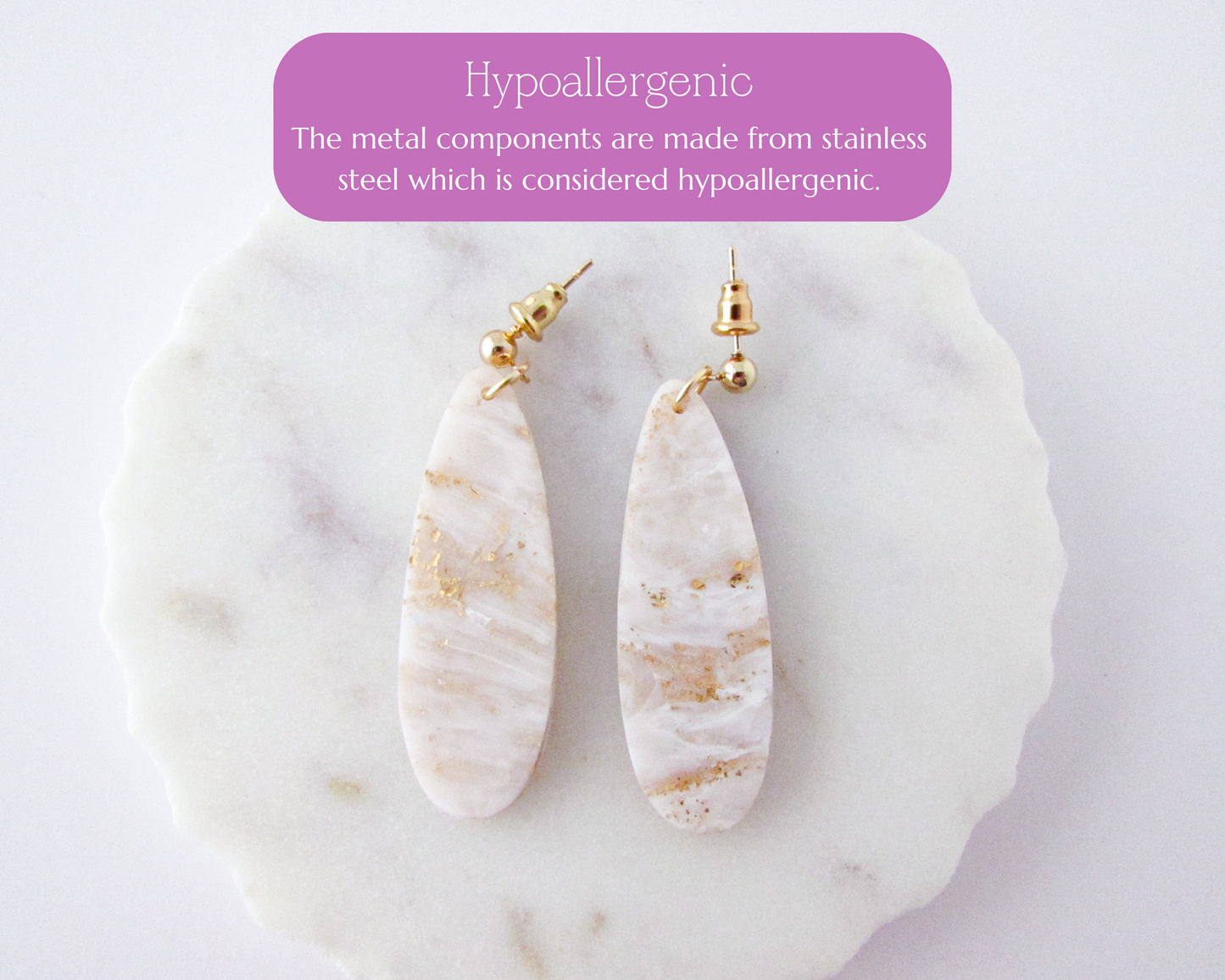 Simple Oval Dangles - White & Ivory Marble Swirl Polymer Clay Earrings