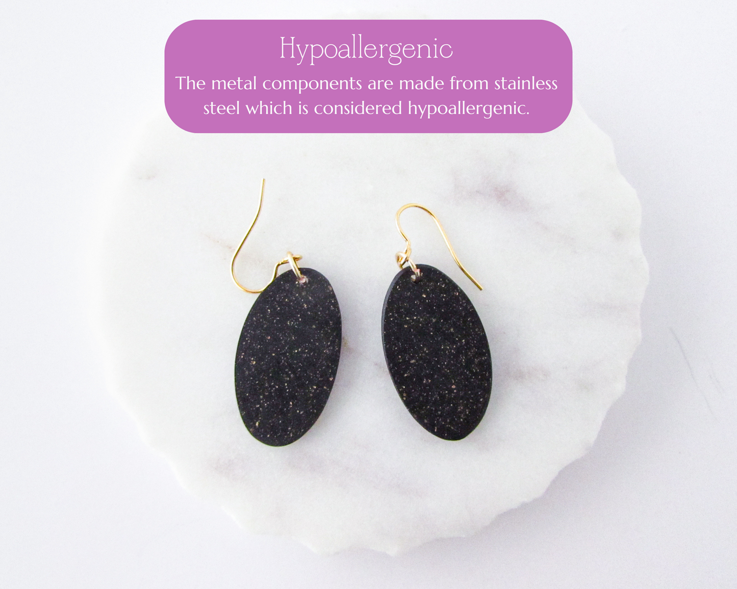 Floral Print Ovals - Black Shimmer Polymer Clay Earrings