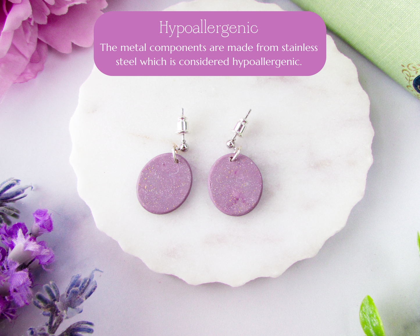 Little Floral Print Ovals - April Lilac Shimmer Polymer Clay Earrings