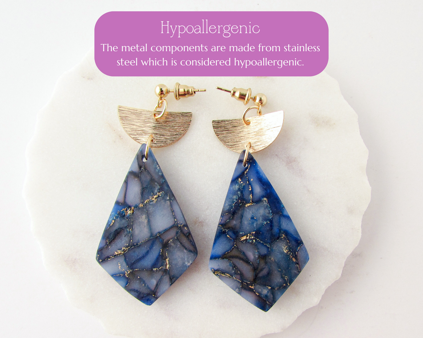 The Adelaine - Dark Blue & Gold Marble Polymer Clay Earrings